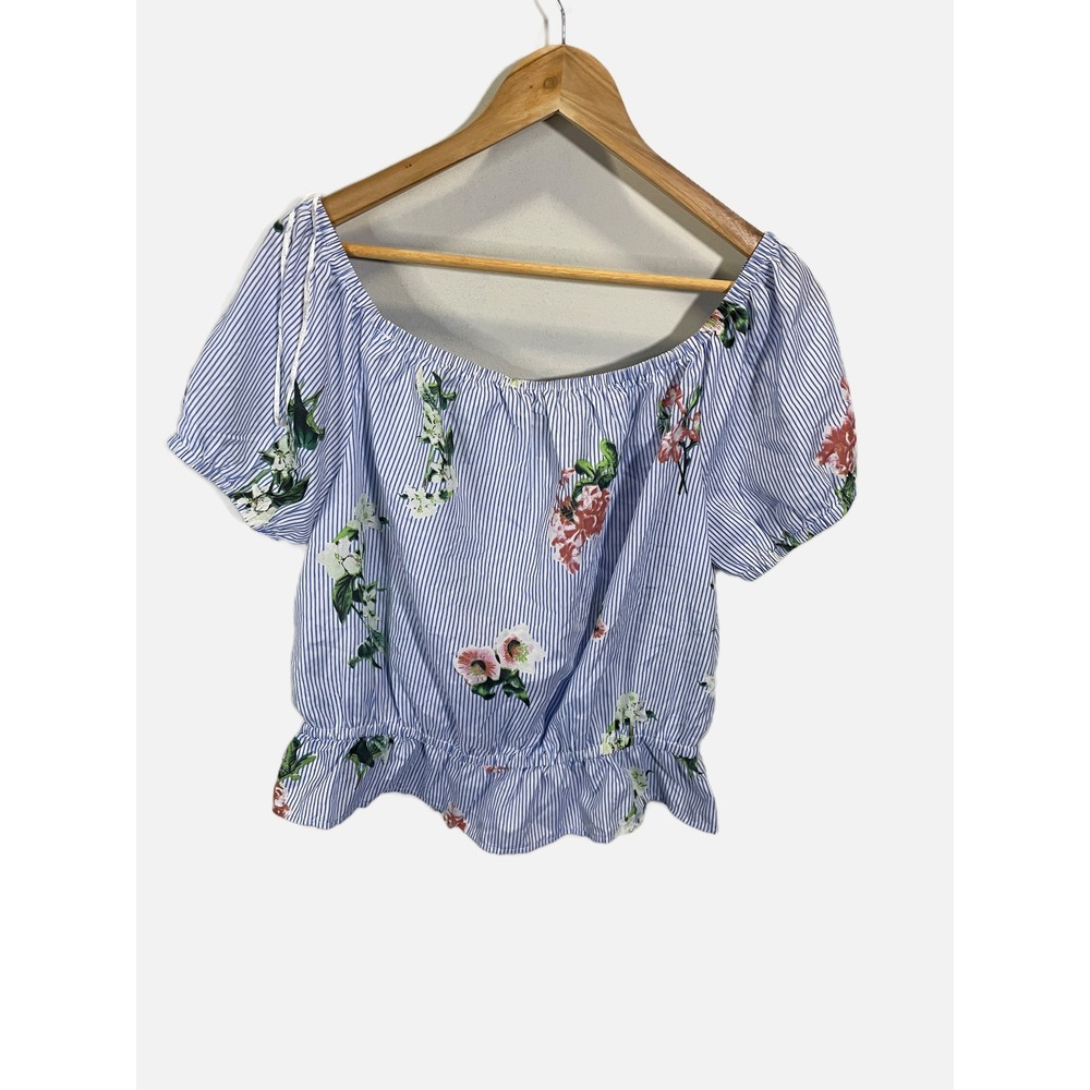 Sweet Rain Blouse Womens XL Blue Stripe Floral Off Shoulder Peplum Cottagecore